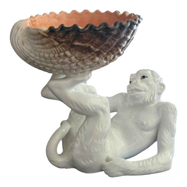 Vintage Italian Ceramic Monkey Centerpiece Bowl With Clam Shell Compote For Sale