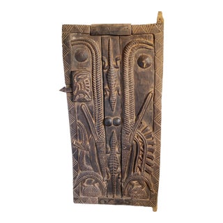 African Dogon Granary Wooden Door With Chiwaras & Crocodiles 46" H For Sale