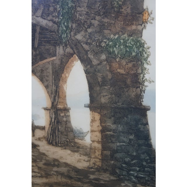 Antique French Paul Prud'homme Signed Coastal Stone Arch Lake Boat Etching 32" For Sale - Image 12 of 13