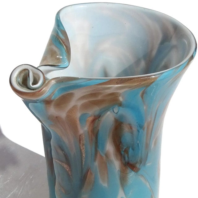 Mid-Century Modern Vintage Murano Fratelli Toso Blue Copper Aventurine Flecks Swirling Clouds Italian Art Glass Flower Vase For Sale - Image 3 of 9