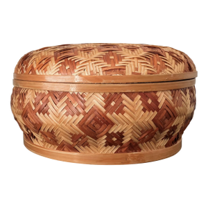 Circa 1970 Nicely-Sized Lidded Round Rattan Sewing / Whatnot Basket Box