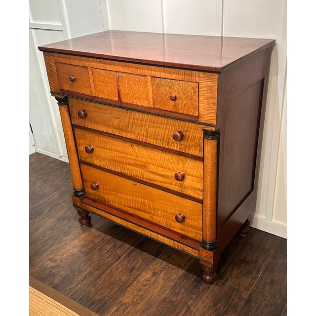 Wood American Empire Curly and Bird’s Eye Maple Chest, Circa 1830. For Sale - Image 7 of 15