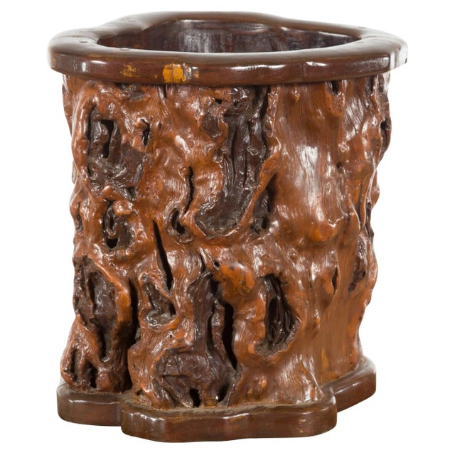 Chinese Rustic Vintage Oval Root Planter with Dark Brown Patina For Sale - Image 11 of 11