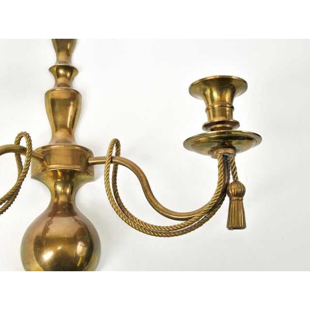 Metal Pair of Hollywood Regency Brass Rope & Tassel Wall Sconces | Double Taper Wall Candle Holders For Sale - Image 7 of 15