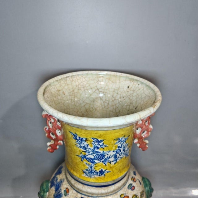 Mid 20th Century Yellow Ground Porcelain Vase With Figural Narrative and Scroll Handles For Sale In New York - Image 6 of 9