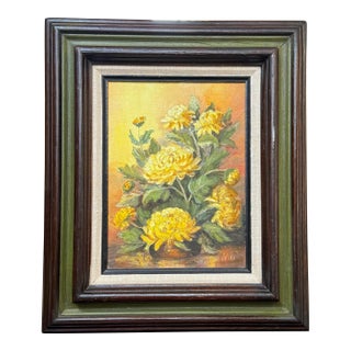 Vintage Mid Century Floral Still Life Original Oil Painting Framed Art, Yellow, Gold, Green For Sale