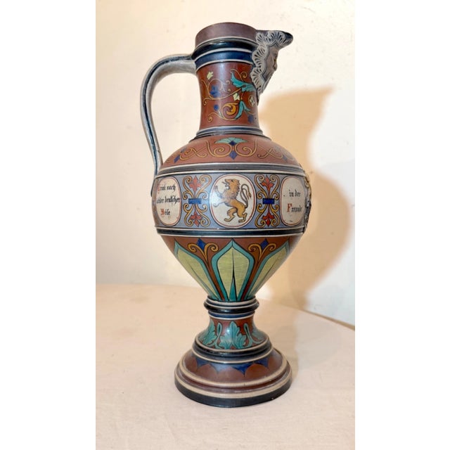 Figurative Huge Antique Handmade Armorial German Painted Pottery Beer Pitcher Stein Ewer For Sale - Image 3 of 18