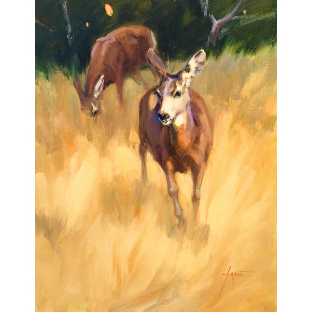 Morning Wanderers by Lani Vlaanderen | Oil Painting of deer in a grassy field For Sale