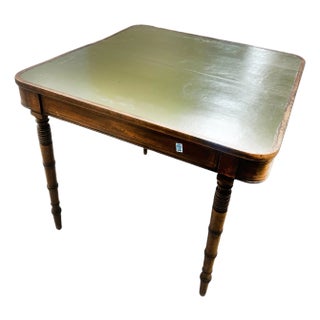 English Game Table with Tooled and Patinated Leather Top and Turned Leg For Sale