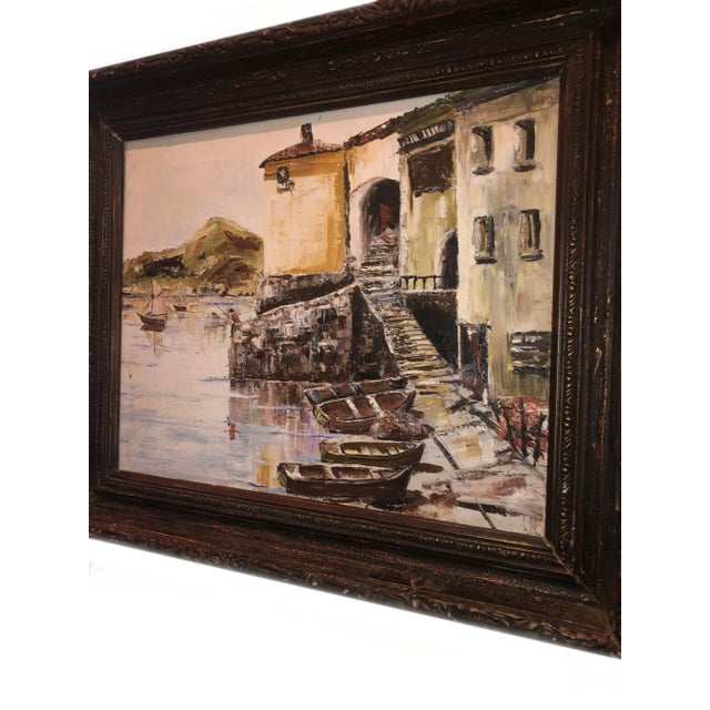French Nautical Painting of French Seaside Fishing Village For Sale - Image 3 of 9