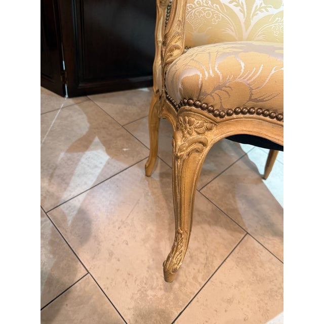 Saffron Pair of French Louis XV Style Bergères Attributed to Maison Jansen For Sale - Image 8 of 12