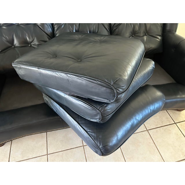 Vintage Navy Blue Leather Regency Sofa | Tufted Curved Front, Brass Nailhead Trim For Sale - Image 11 of 12