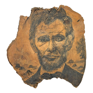 Rare 19th-Century Folk Art Abraham Lincoln Portrait on Old-Growth Wood Slab With Klondike Gold Rush Ephemera