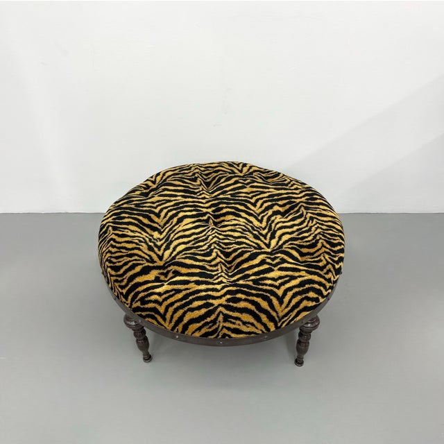 Metal Vintage Tiger Print Tufted Ottoman For Sale - Image 7 of 7