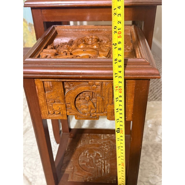 Brown 1950s George Zee & Co. Carved Wood Nesting Tables Set With Glass Tops Buddha For Sale - Image 8 of 12
