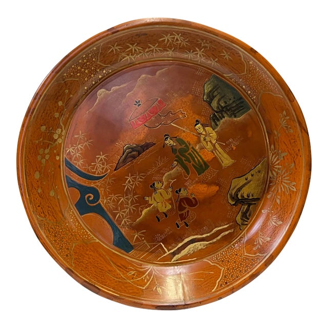 Chinoiseries Golden Graphic Brown Lacquer Round Display Disc Plate Tray For Sale