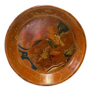 Chinoiseries Golden Graphic Brown Lacquer Round Display Disc Plate Tray