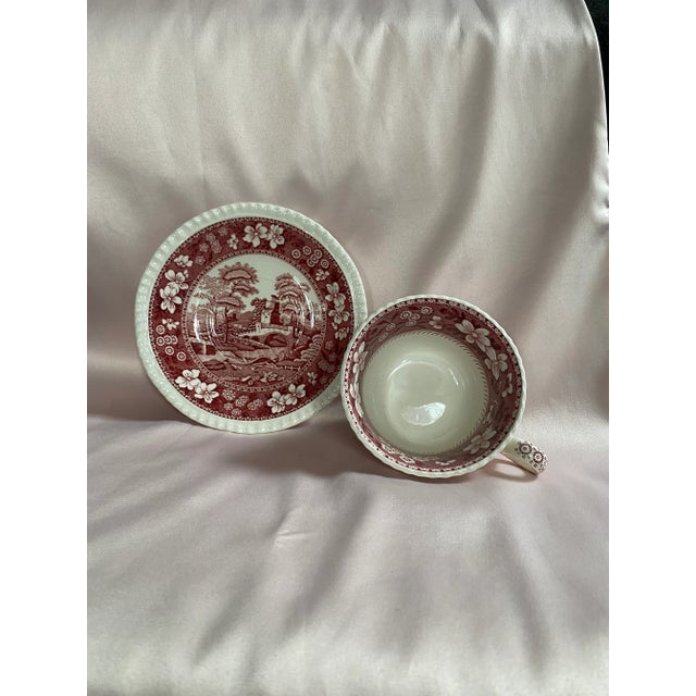 Ceramic Final Markdown. Rare Find; Spode “Pink Tower” Design English Transferware Tea Cup & Saucer Set for 4(8 Pcs)Charming Ring Shaped Handles on Tea Cups. For Sale - Image 7 of 12