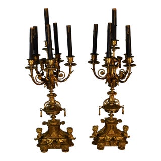 1900s Pair of Antique French Louis XV Brass Candelabras / Table Lamps For Sale