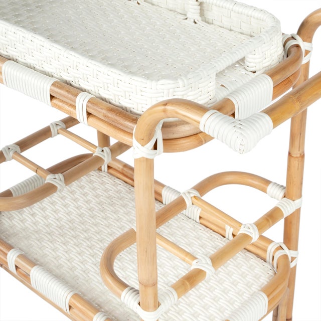 Wood Selena 34.5 in. W Rectangular Rattan 2 Tier Mobile Removeable Top Bar Cart with Bottle Holders, Smooth White For Sale - Image 7 of 9