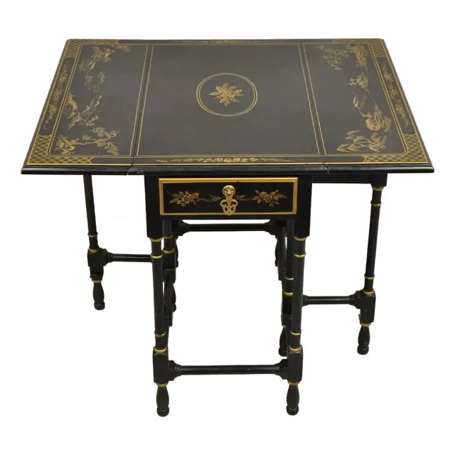 Drexel Et Cetera Asian Chinoiserie Black Lacquer Small Gateleg Side Table For Sale