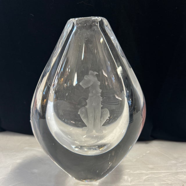 Beautiful etched crystal vase by Orrefors. Signed.