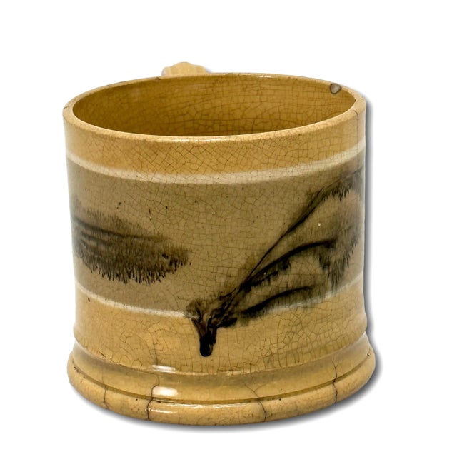 This is a Great Looking and Quite Rare 3 Color Banded & Black Seaweed Decorated Yellow Mocha Ware Mug. Made in England....