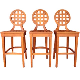 McGuire Orlando Diaz-Azcuy Portico Solid Teak Barstools - Set of 3 For Sale