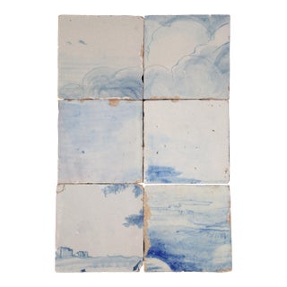 Antique 18th Century Portuguese Tiles Set of Six Featuring Soft Horizon and Cloud Motifs For Sale