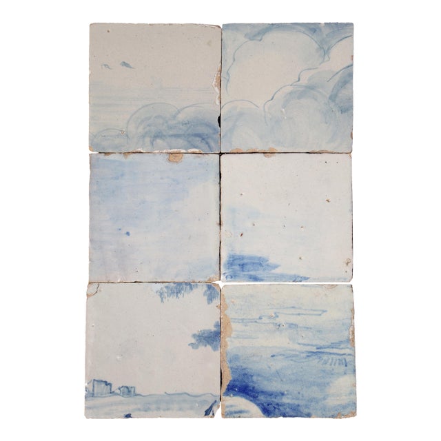 Antique 18th Century Portuguese Tiles Set of Six Featuring Soft Horizon and Cloud Motifs For Sale