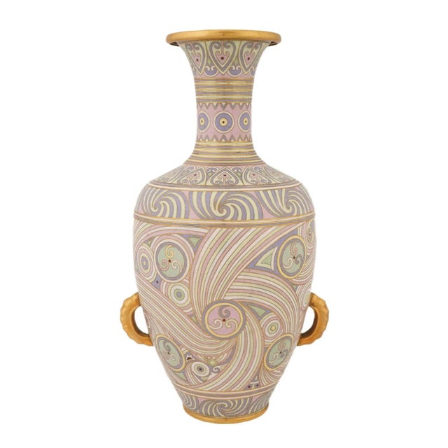 Japanese Swirl Design Cloisonne Enamel Vase W Handles For Sale In New York - Image 6 of 8