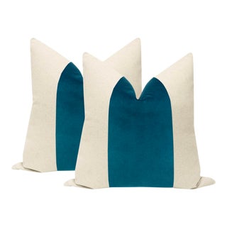 22” Baltic Blue Velvet Panel & Linen Pillows - a Pair For Sale