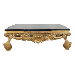 Baroque-Style 22k Gold Leaf Carved Coffee Table With Black Stone Top For Sale