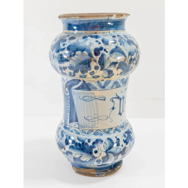 Renaissance 17th Century Italian Blue and White Majolica Maiolica Faience Albarello Drug Jar For Sale - Image 3 of 12