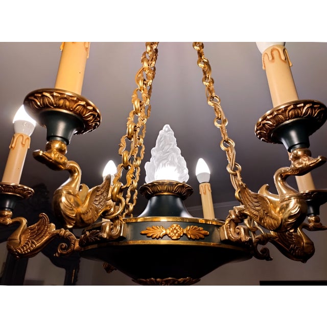 French Napoleon Empire Style Brass Chandelier with Swans and Green Glass Lampshades, 1970s For Sale - Image 15 of 18