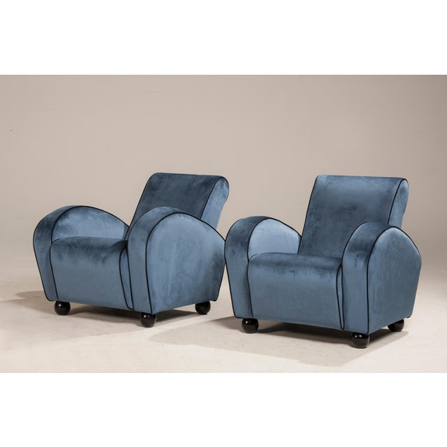 Set of Art Deco Blue Velvet Armchairs, 1940s For Sale - Image 4 of 18