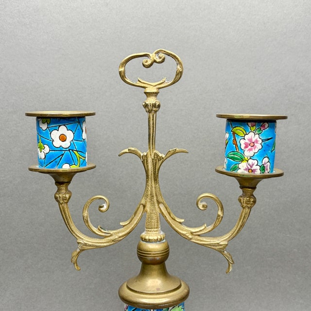 Antique Longwy France 1920s Turquoise Floral Enamel and Brass Two Arm Candelabra For Sale In New York - Image 6 of 12