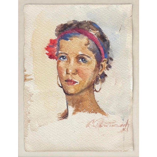 Watercolor Gouache Painting of A Portrait of a Young Woman by Leopoldo Romanach Offered for sale is a watercolor gouache...
