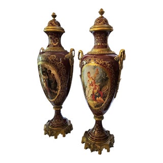 Burgundy & Gold Porcelain Vases Set of 2 – Classic French Style Décor For Sale