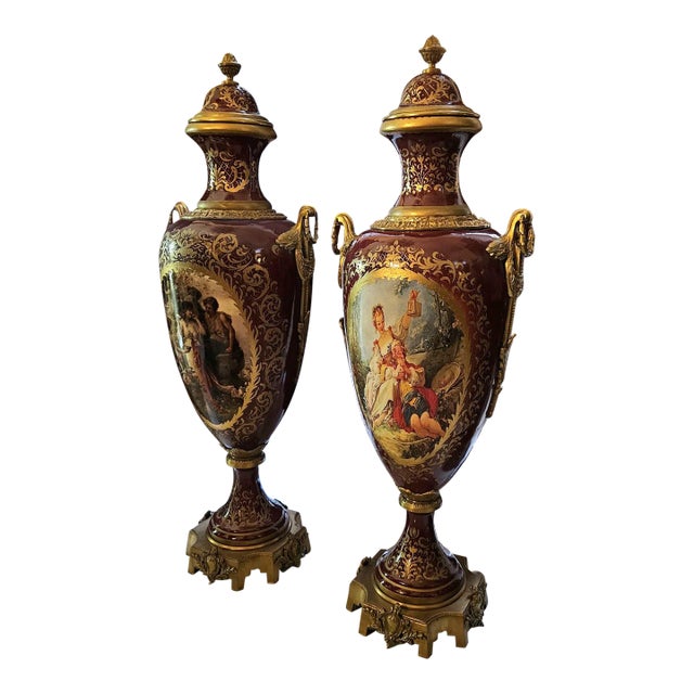 Burgundy & Gold Porcelain Vases Set of 2 – Classic French Style Décor For Sale