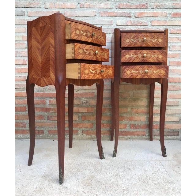 Pair of French Louis XV Style Marquetry Bedside Tables with Three Drawers, 1920s For Sale - Image 6 of 13