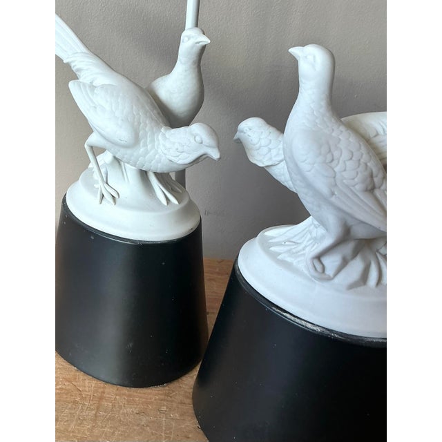 Mid 20th Century Vintage Regency Bisque Porcelain Bird Lamps - A Pair For Sale - Image 5 of 7
