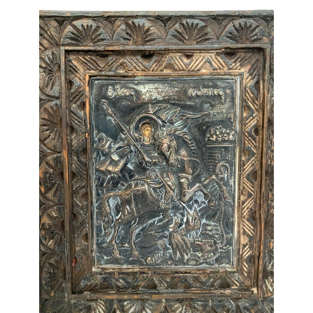 Vintage Theologs Greek Byzantine Icon Saint George 950 Silver Carved Wood Frame Certificate 1993 For Sale In Palm Springs - Image 6 of 7