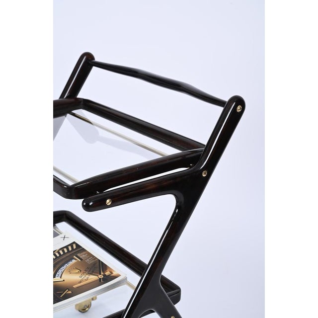 Mid-Century Italian Trolley Bar Cart in Wood and Glass attributed to Cesare Lacca, 1950s For Sale - Image 6 of 16