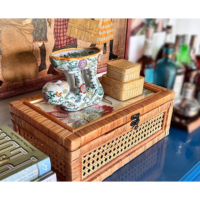 Intage Rattan Cane Glass Top Storage Box With Designer Fabric Insert For Sale - Image 13 of 13