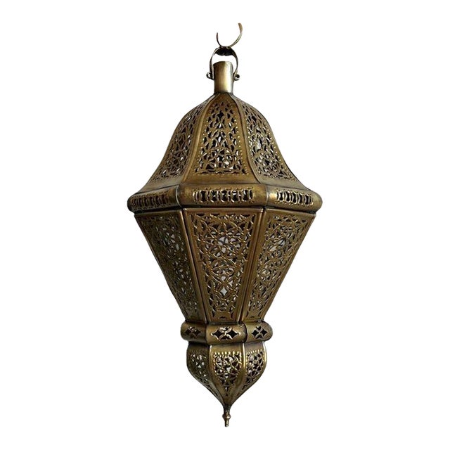Handcrafted Moroccan Brass Lantern – Pierced Candle Light, Marrakech Artisan Decor, Boho Exotic Lighting For Sale