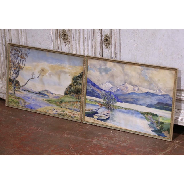 Bring color and tranquility to a living room, hallway, or study with this mid-century pair of European landscape...