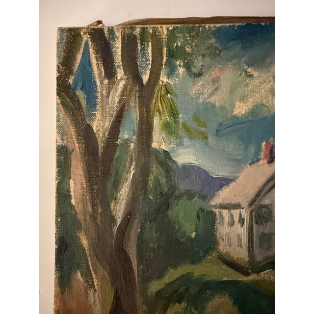 This is a really wonderful painting from the 1930s/1940s in the true WPA style of a country landscape. It is signed “Madge...