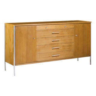 Paul McCobb for Calvin Linear Mid Century Walnut and Stainless Steel Credenza For Sale