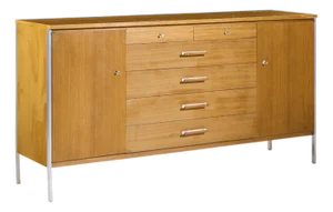 Paul McCobb for Calvin Linear Mid Century Walnut and Stainless Steel Credenza